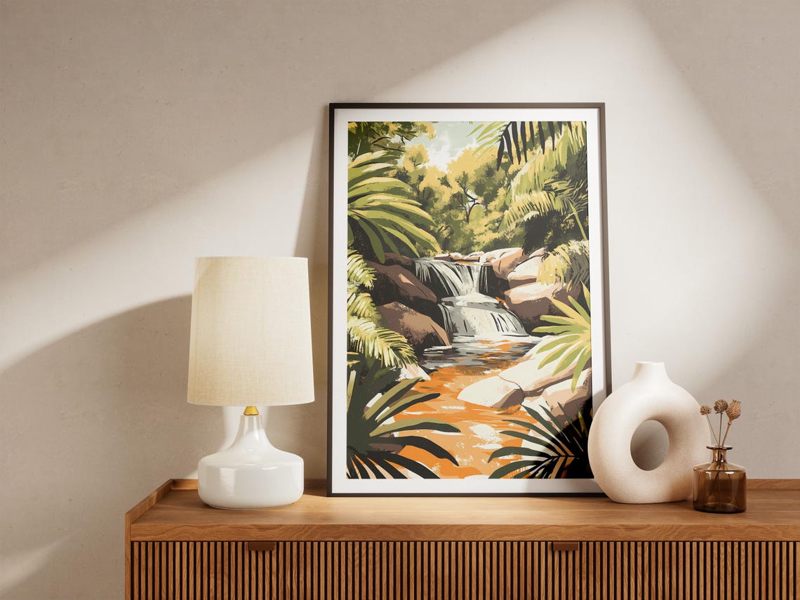 Jungle Waterfall Between Palms and Rocks Tropical Art Poster - Image 5
