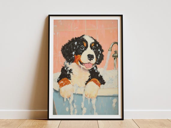 Bernese Mountain Puppy Dog Taking A Bath Poster Print Pet Animal Lover Gift Home Decor Wall Art Cute Bathtub For Kids Room