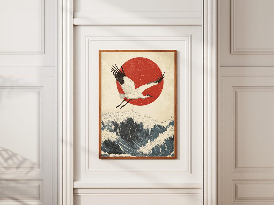 Japanese Red Crowned Crane Flying Over Red Sun Ocean Wave Art Poster - Image 2