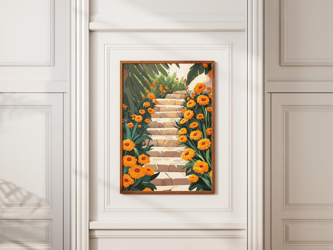 Orange Marigolds Crowding a Sunlit Stone Garden Staircase Poster - Image 2