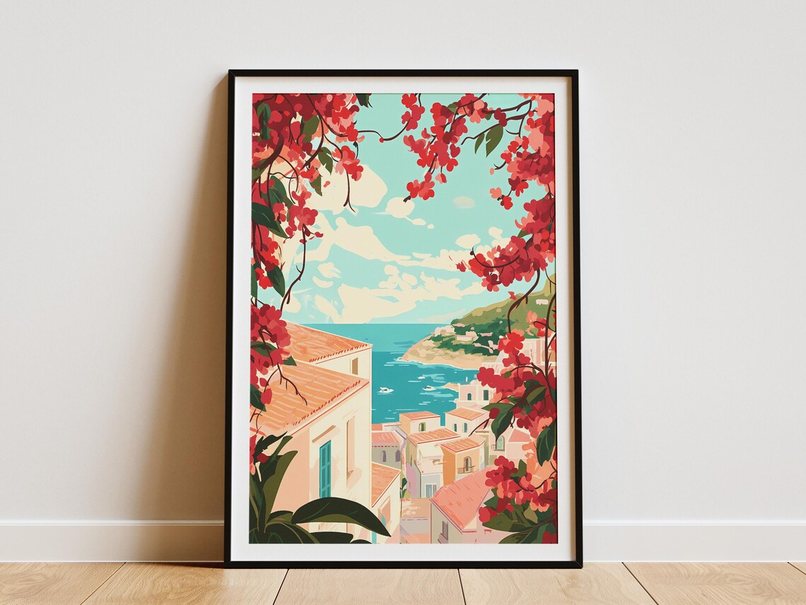 Mediterranean Coastal Town Print Italian Seaside Village Poster Pink Flower Art Bougainvillea Decor Summer Vacation Print Travel Poster