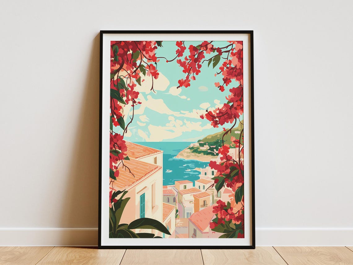 Mediterranean Coastal Town With Bougainvillea Poster by the Sea