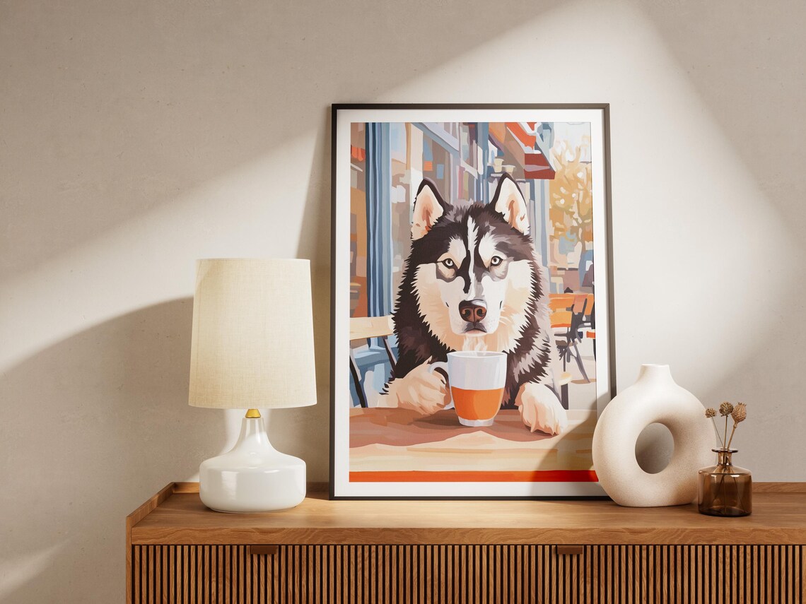 Siberian Husky with a Warm Mug at a Cozy Cafe Terrace Dog Poster - Image 4