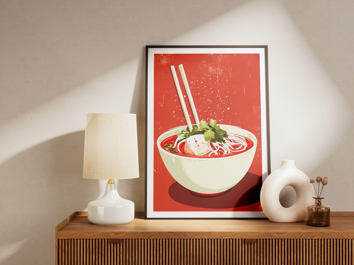 Pho Noodle Bowl On Bold Red Background Vintage Food Art Poster - Image 5