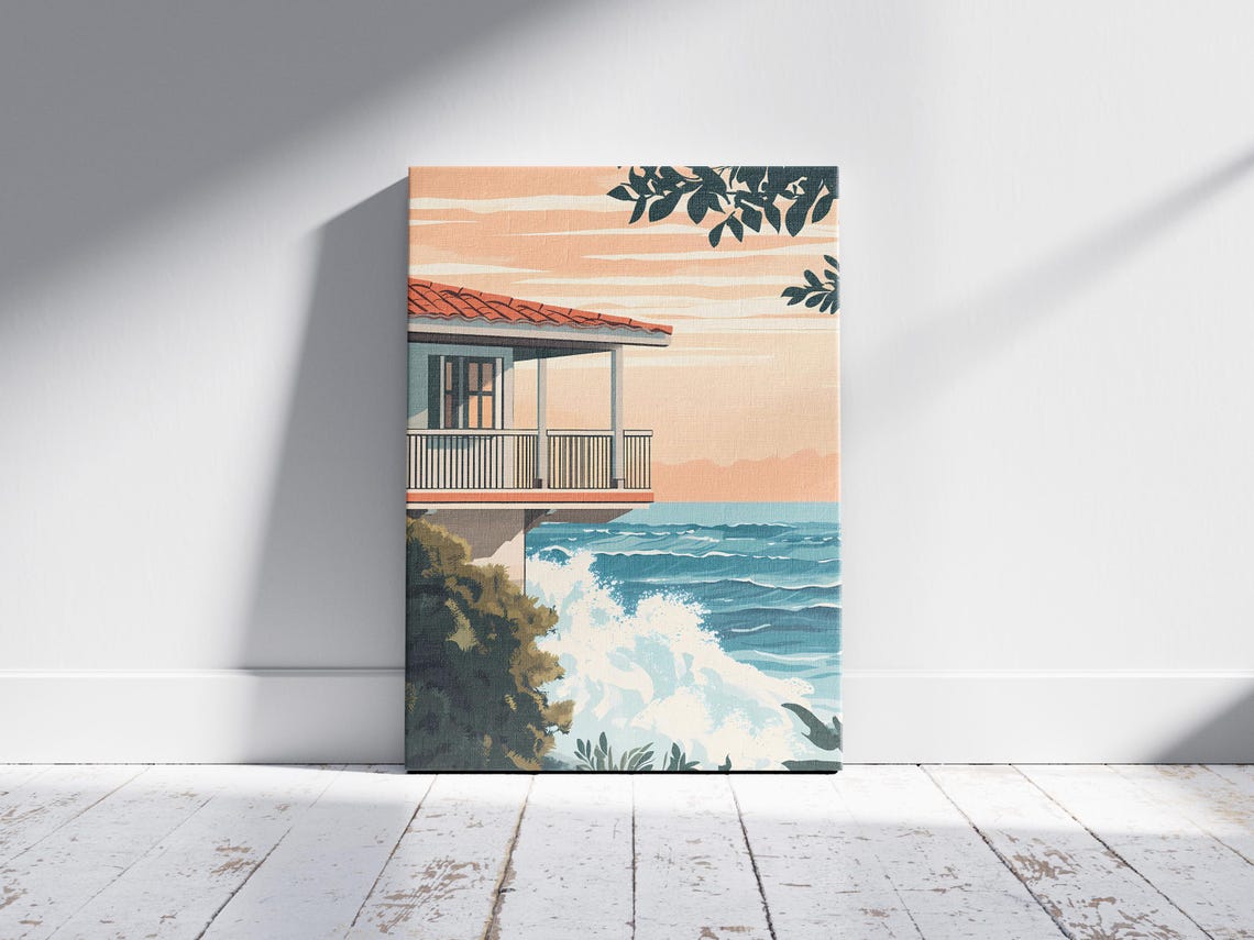 Oceanfront Villa with Balcony Sunset Waves Mediterranean Wall Art - Image 2