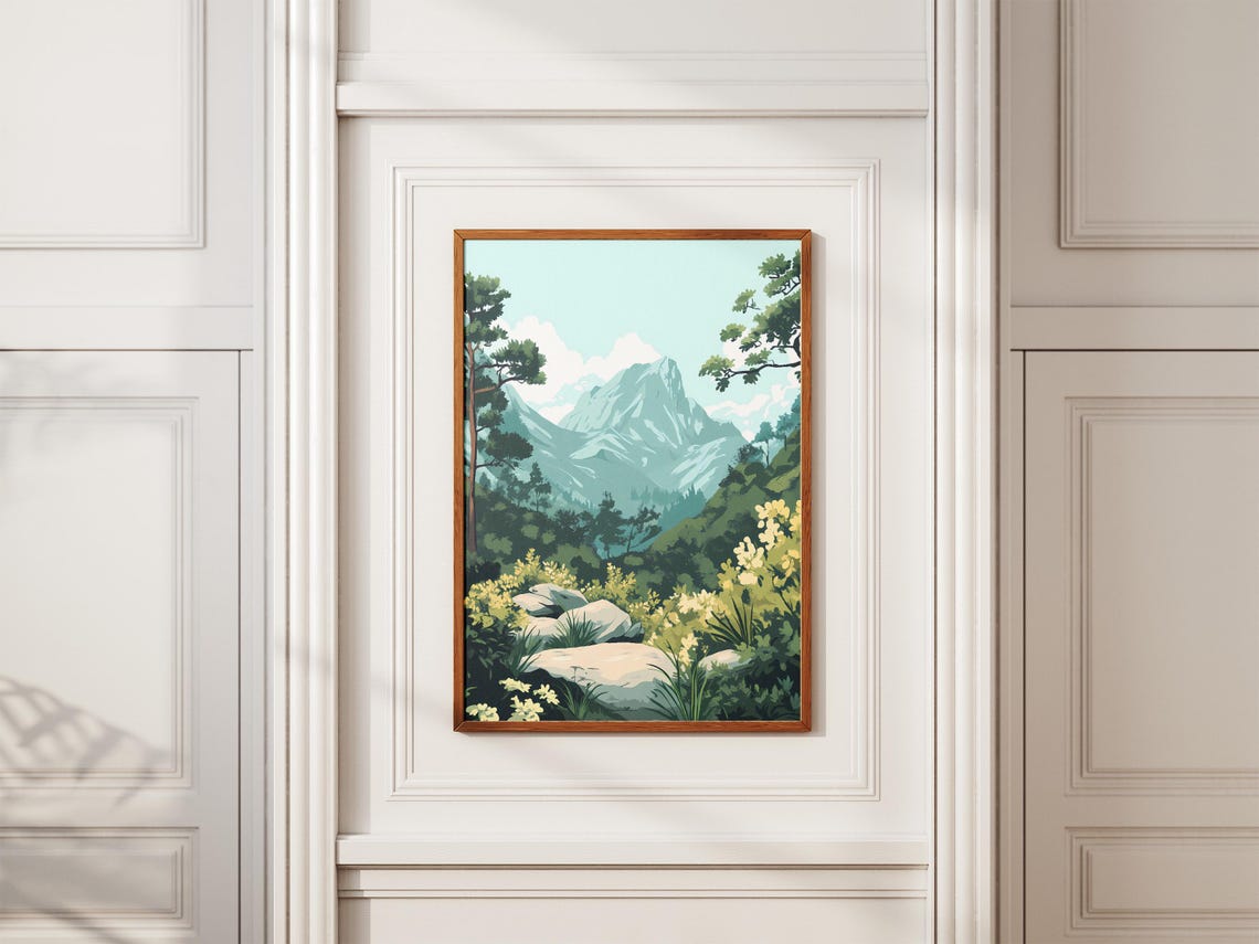 Alpine Valley Pines Yellow Wildflowers Stream Mountain Poster - Image 2