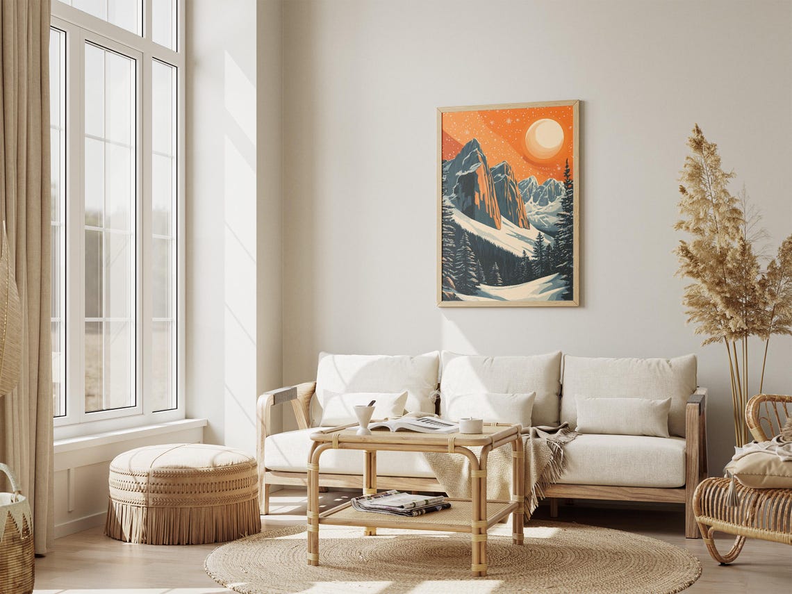 Rocky Mountain Winter Cliffs Under Orange Sunset Moon Poster - Image 4
