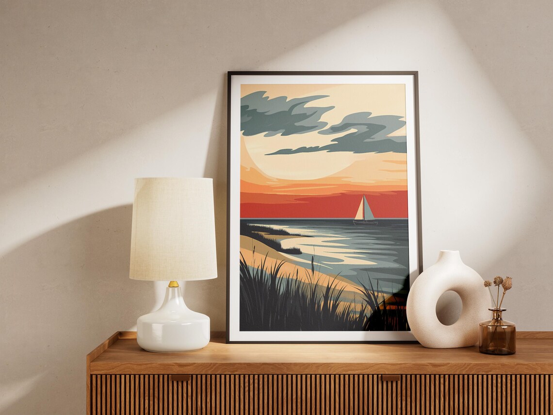 Wadden Sea Sunset Sailboat Grassy Dunes Northern Coastal Travel Poster - Image 5