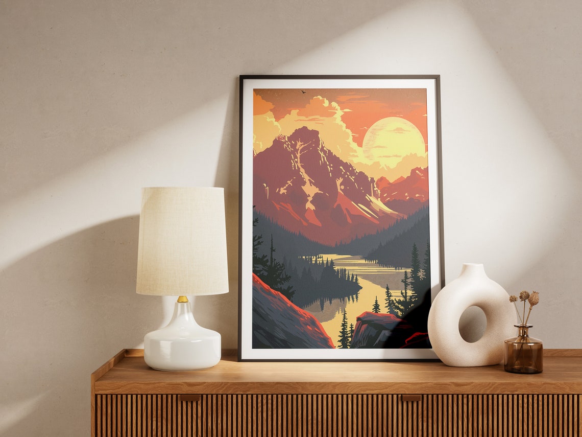 Alpine Lake Sunset Fiery Red Peaks Vintage Mountain Travel Poster - Image 2