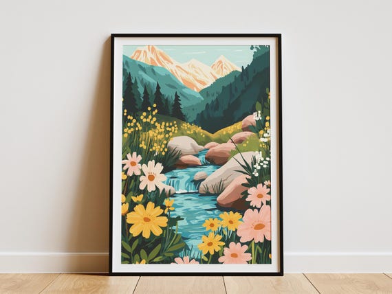 Mountain Wildflowers Poster Stream Landscape Art Print Nature Wall Decor Botanical Illustration Flower Meadow Hiking Scene Calm