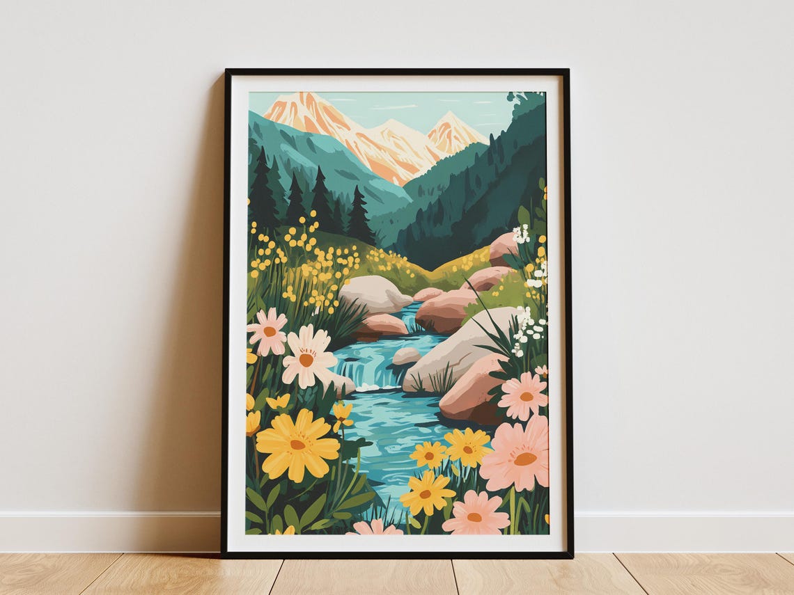 Cheerful Mountain Stream Wildflowers Daisy Meadow Nature Poster