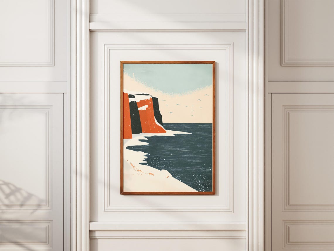 Snowy Orange Cliffs Above a Dark Winter Sea Minimalist Poster - Image 2