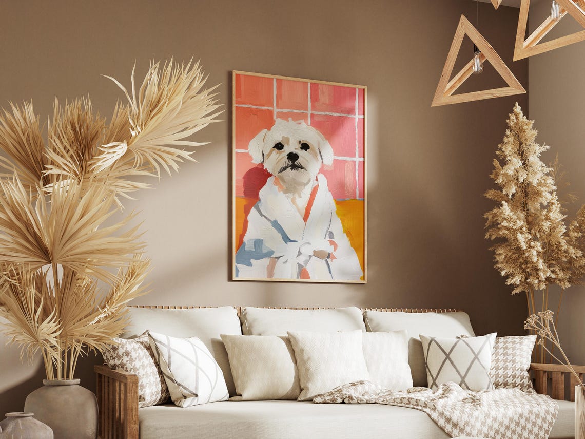 Maltese Dog in White Bathrobe Pink Tiles Painterly Art Poster - Image 3