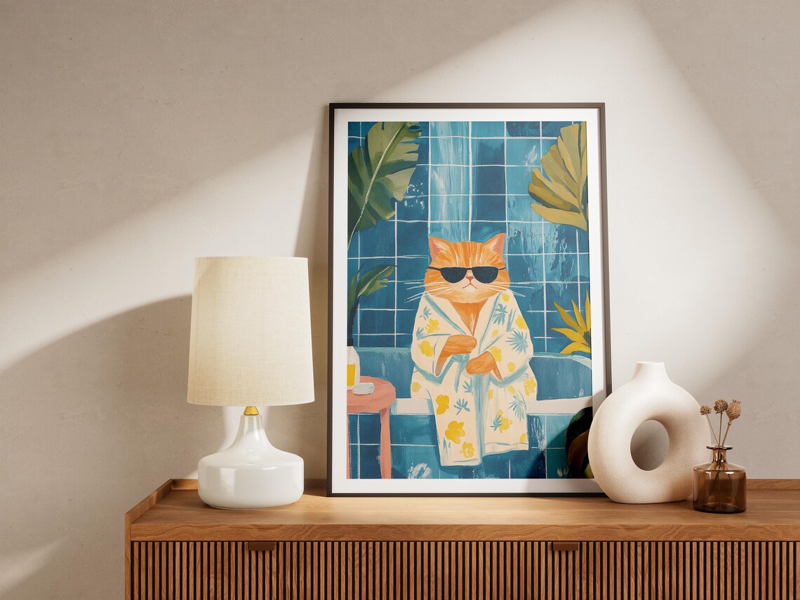 Cool Cat in Sunglasses Floral Bathrobe Tropical Bathroom Pet Art Poster - Image 4
