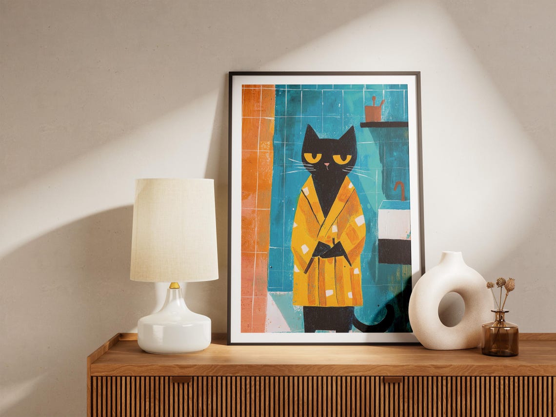 Maine Cat Bathrobe Bathroom Matisse Style Poster Print Whimsical Art Funny Decor Lover Home - Image 4