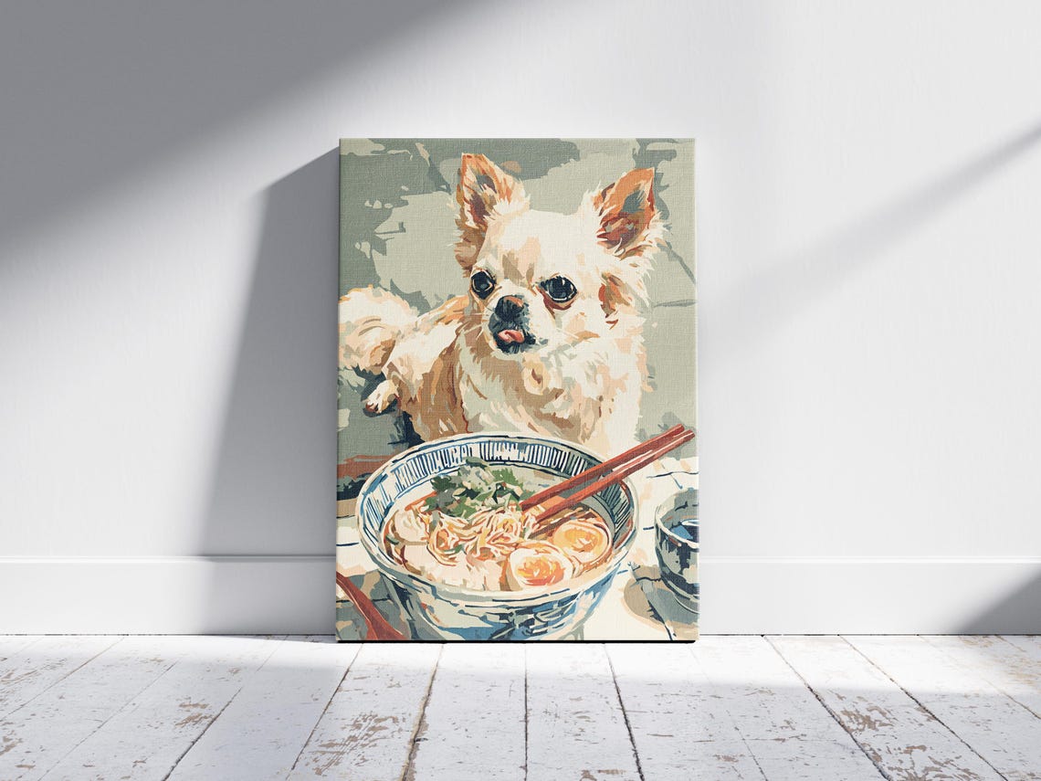 Long Haired Chihuahua With Ramen Bowl Chopsticks Cute Art Poster