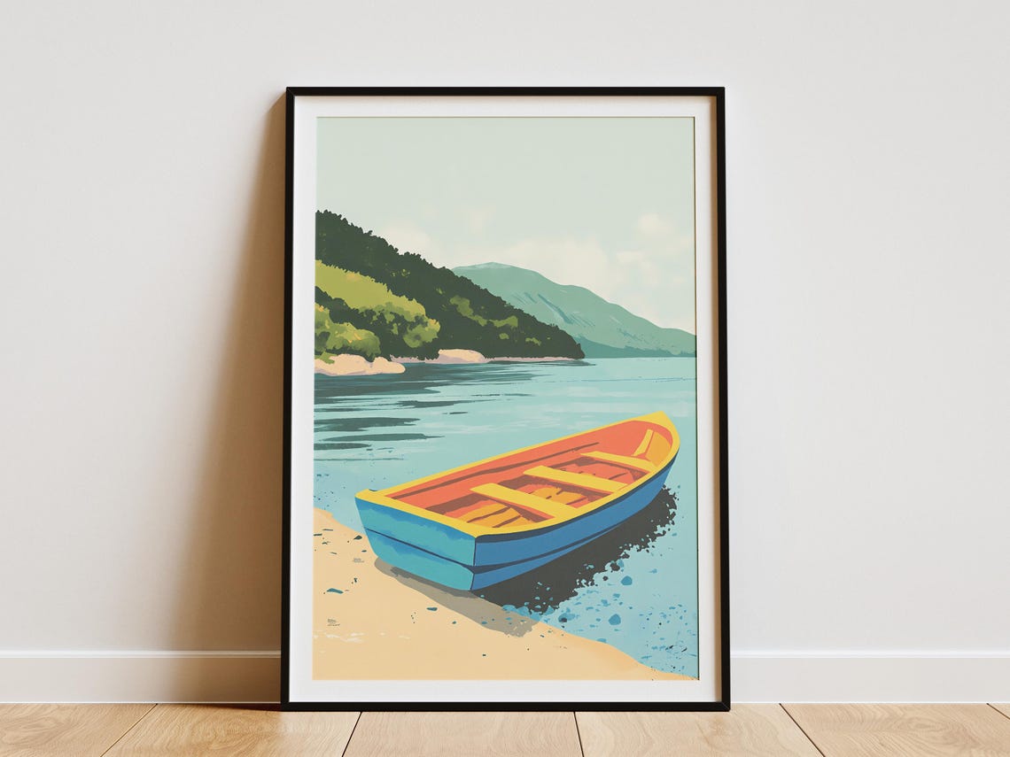 Blue and Red Rowboat Beached on a Quiet Mountain Lake Shore Poster