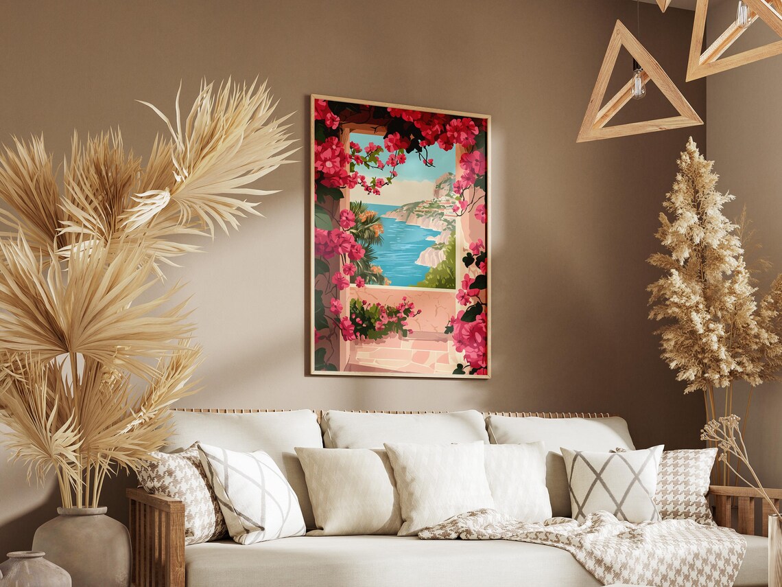 Bougainvillea Arch Coastal Cliff View Pink Blooms Sea Poster - Image 3