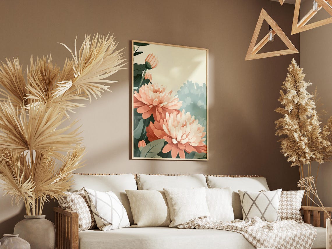 Peach Chrysanthemum Blossoms in a Botanical Illustration Poster - Image 3