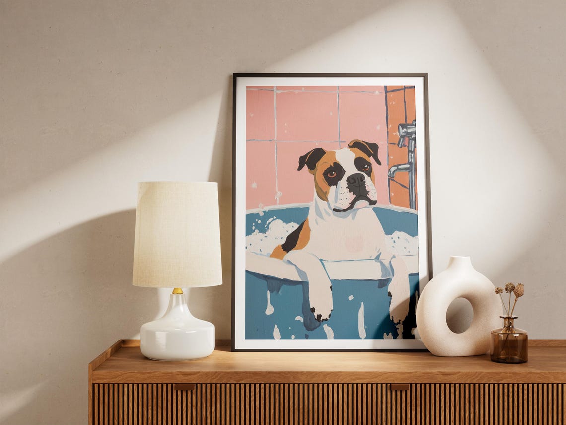 Boxer Dog Soaking in Blue Bathtub Bubble Bath Retro Style Poster - Image 5