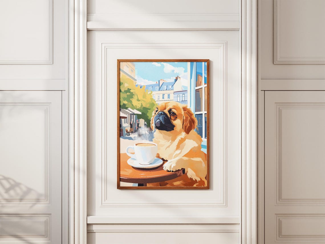 Fluffy Pekingese Dog with Coffee Overlooking Paris Rooftops Poster - Image 2