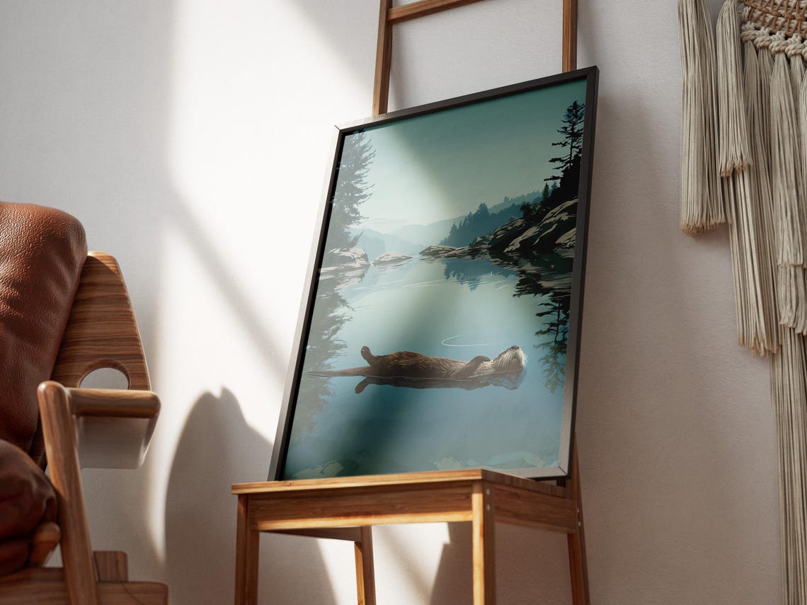 Peaceful Otter Floating River Art Print, Minimalist - Image 3