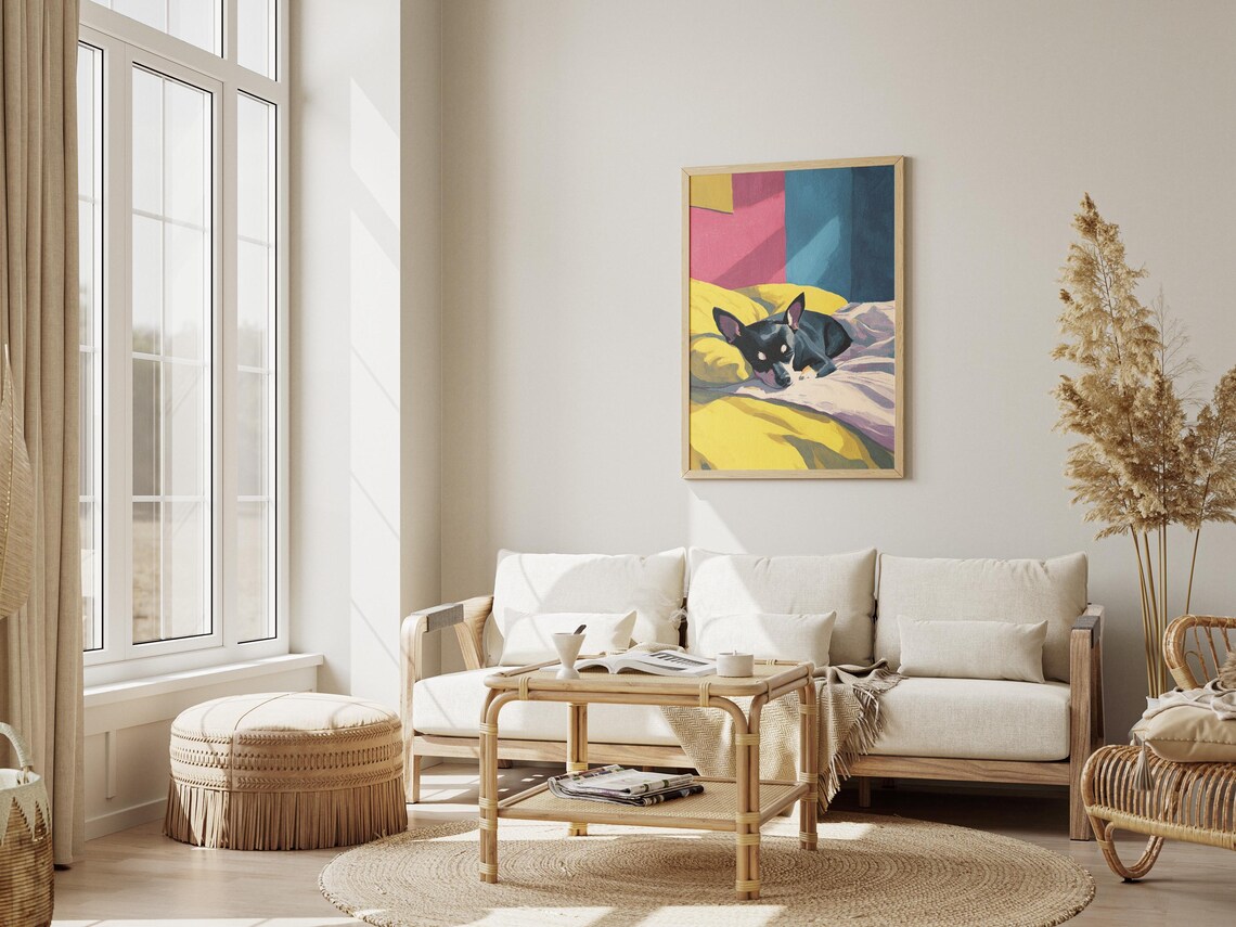 Tiny Black Chihuahua Sleeping on Bright Yellow Blankets Colorful Art Poster - Image 3