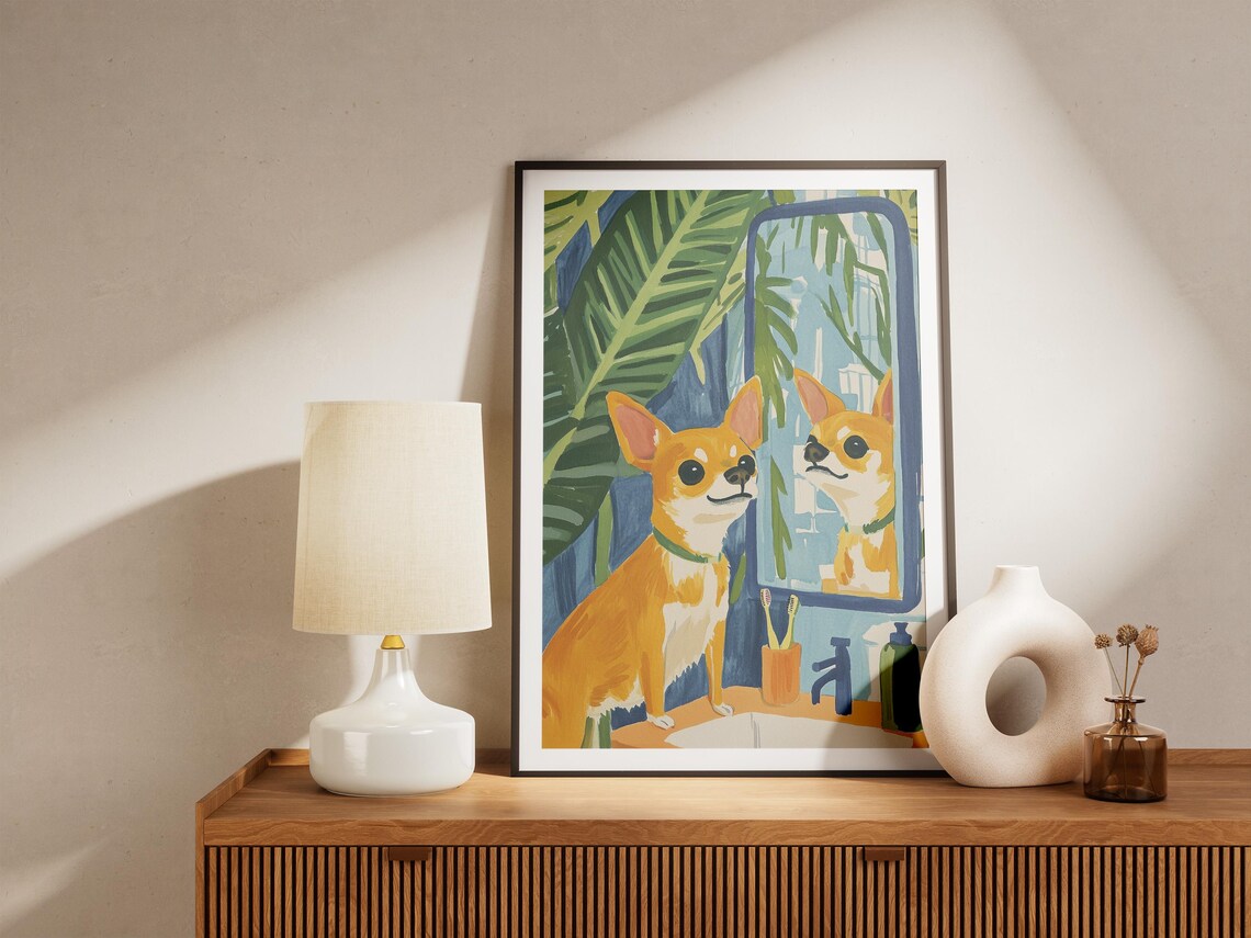 Chihuahua Looking in Mirror Tropical Bathroom Funny Dog Poster - Image 5