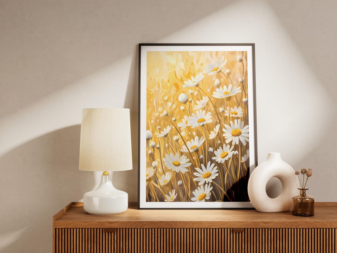 White Chamomile Field Golden Hour Sunlit Daisy Meadow Poster - Image 5