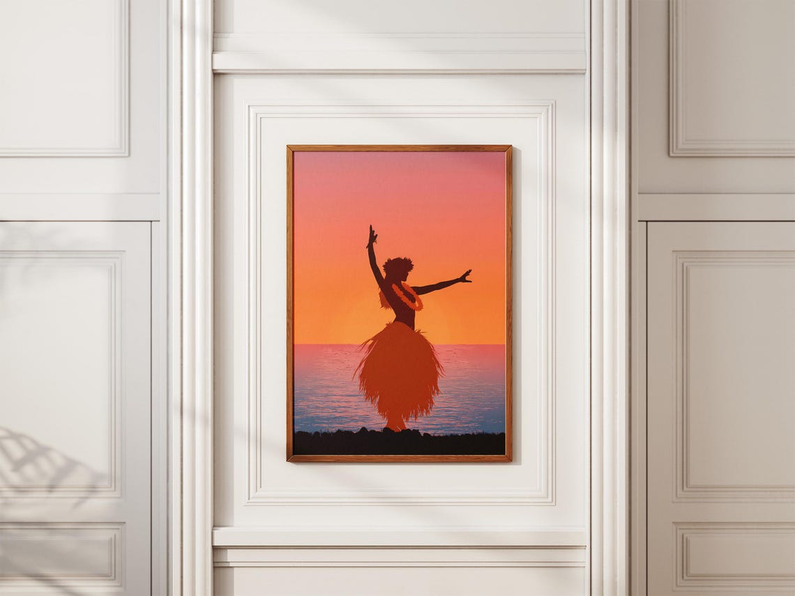 Hawaiian Hula Dancer Sunset Silhouette Tropical Ocean Poster - Image 2