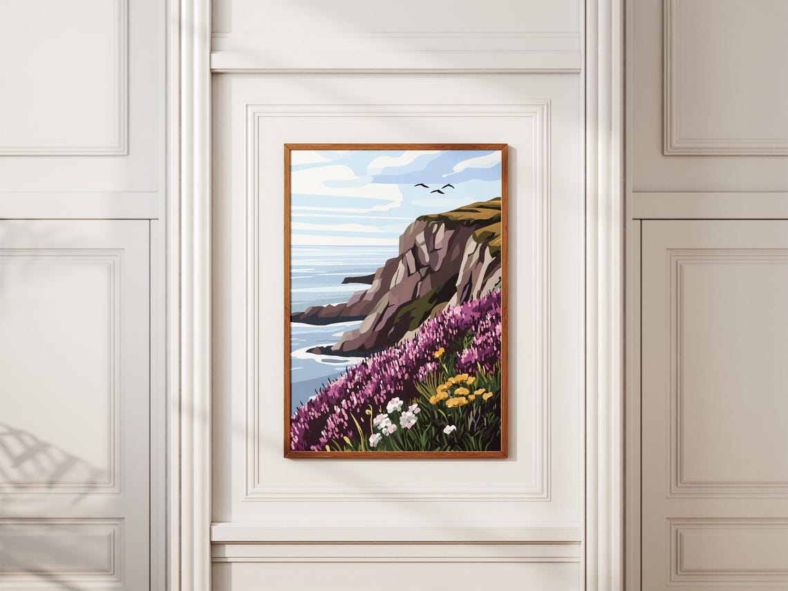 Purple Heather Cliff Overlooking the Ocean Coast Travel Art Poster - Image 2