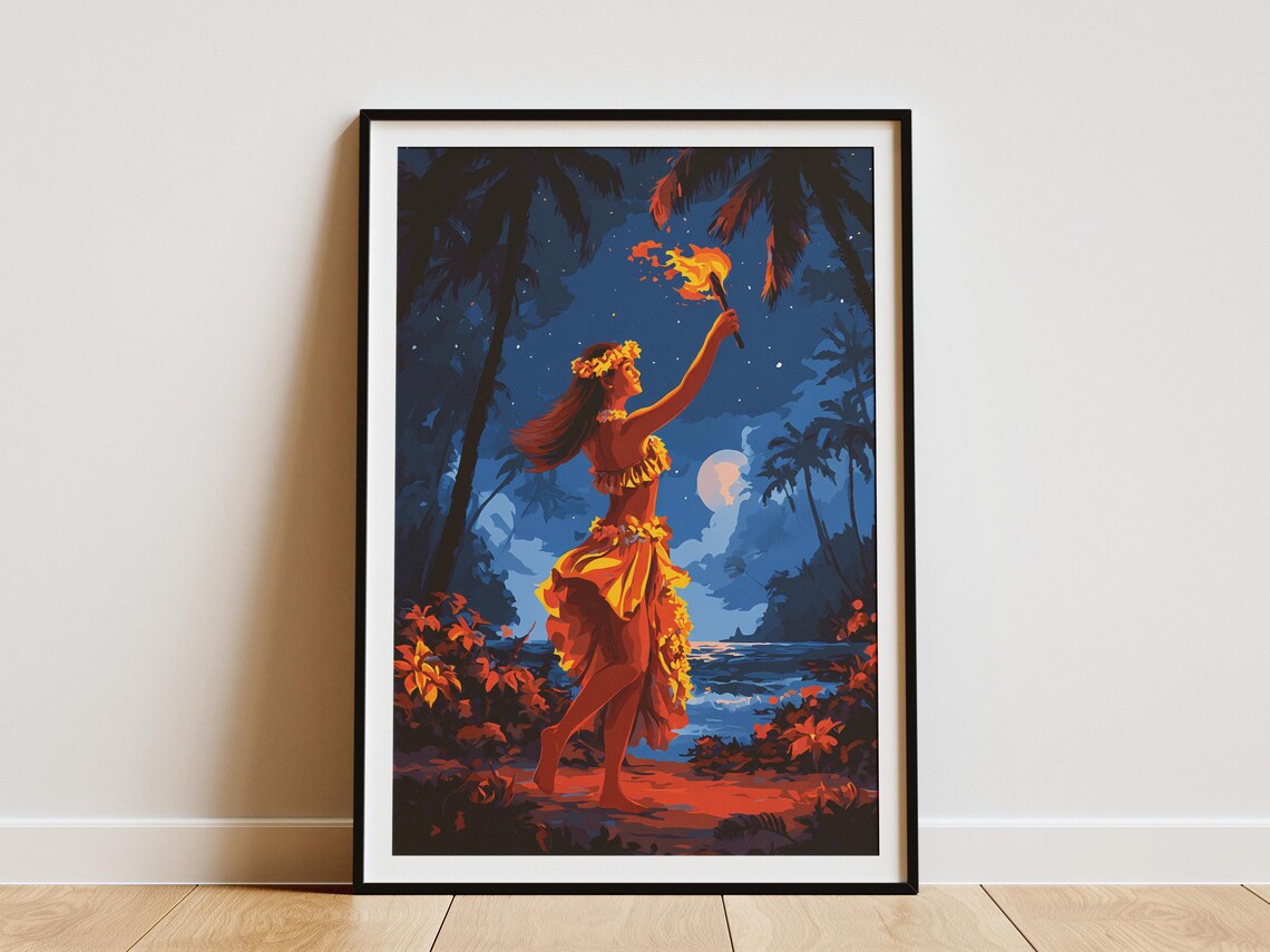 Fire Hula Dancer At Night Art Print, Hawaiian Torch