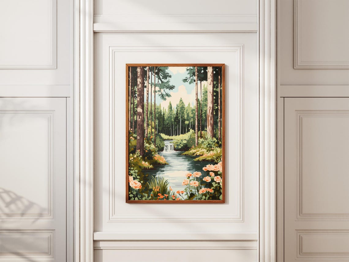 Forest Stream With Peach Roses Leading To Distant Waterfall Poster - Image 2