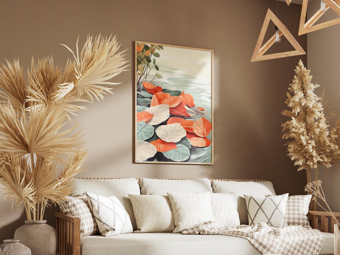 Floating Autumn Leaves on Calm Rippling Water Botanical Art Poster - Image 3