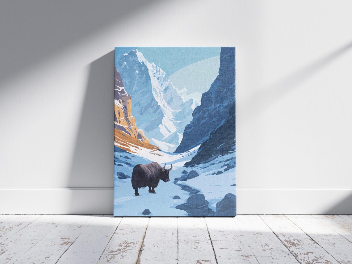 Yak Standing in Snowy Mountain Valley Winter Wildlife Art Poster - Image 2
