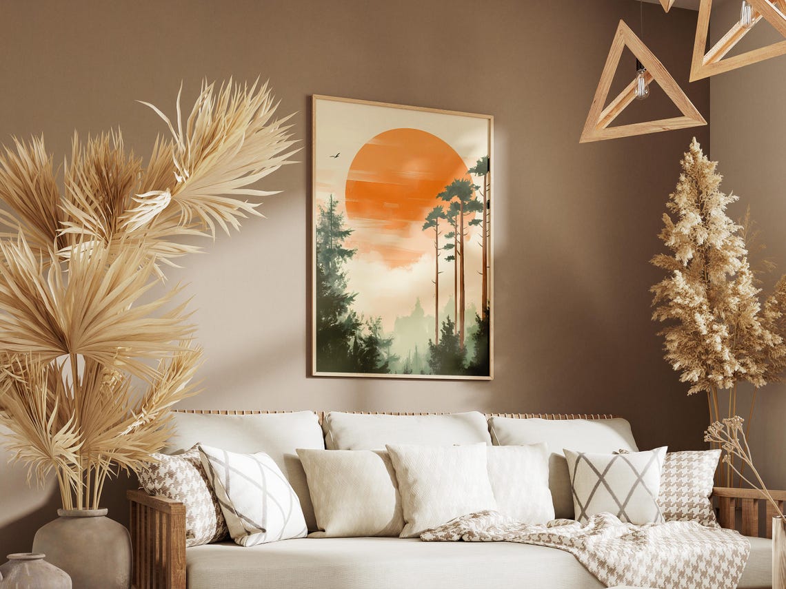 Big Orange Sun Rising Above Misty Pine Forest Landscape Poster - Image 3