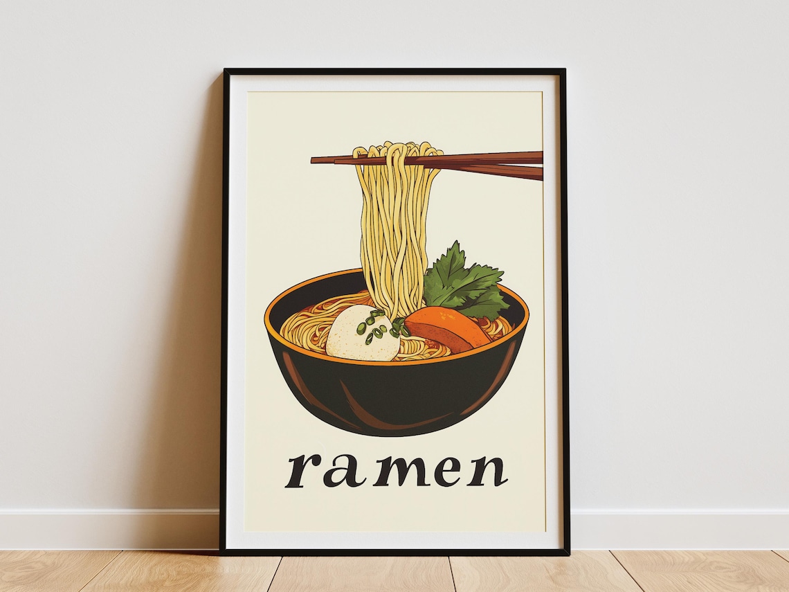 Ramen Noodle Lift Chopsticks Black Bowl Retro Japanese Food Poster