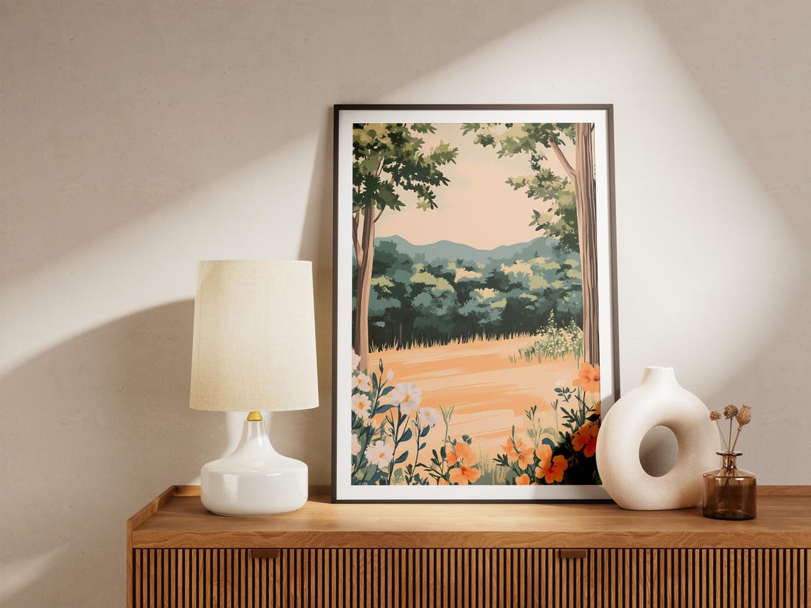 Sunlit Forest Glade With Peach Blossoms Framing Green Hills Poster - Image 5