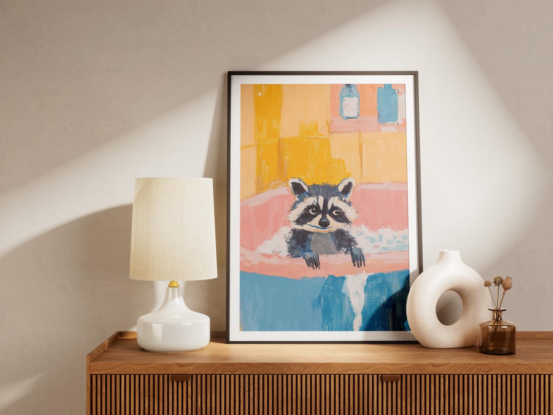 Cute Raccoon In Pink Bubble Bath Sunny Yellow Tile Bathroom Poster - Image 5