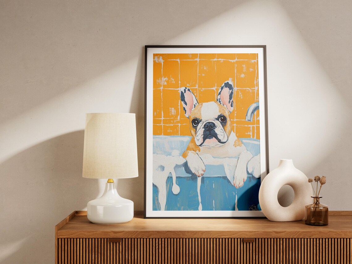French Bulldog Puppy in Blue Bathtub Bubble Bath Cute Dog Art Poster - Image 4