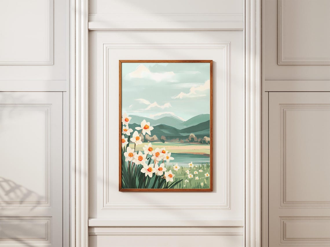 White Daffodils With Mountain Lake Behind Landscape Art Poster - Image 2