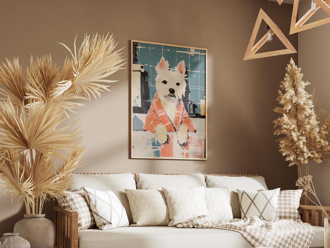 Westie Dog in Orange Plaid Bathrobe Teal Tile Bathroom Poster - Image 3