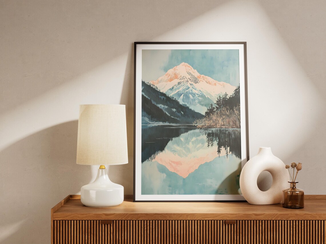 Soft Blush Snow Peak Reflection in Alpine Lake Watercolor Poster - Image 5
