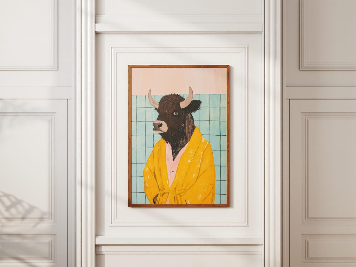 Solemn Dark Bison Wearing a Bright Yellow Bathrobe Bathroom Poster - Image 2