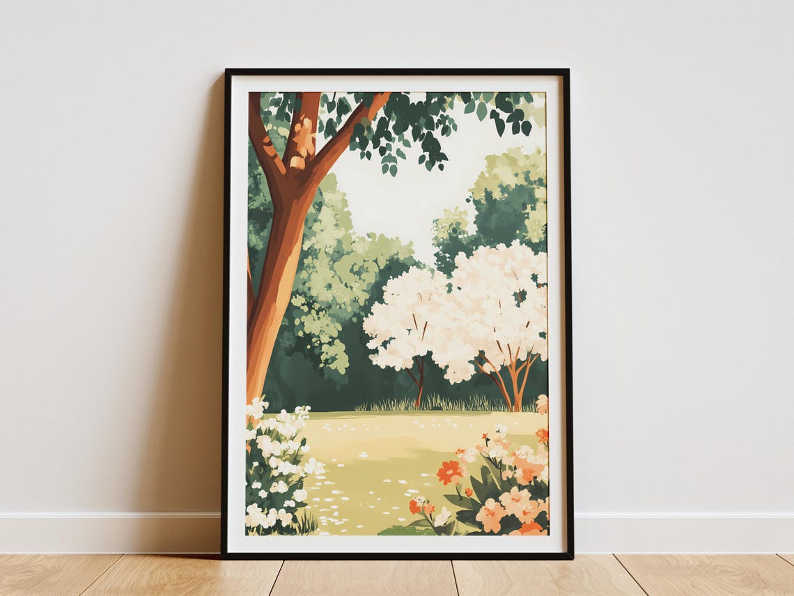 Sunlit Garden Path With White Blossoming Trees Nature Poster
