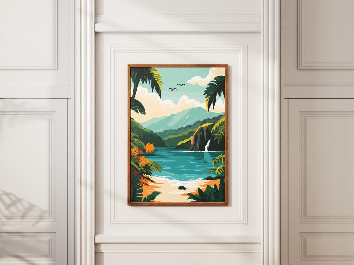Costa Rica Tropical Beach Waterfall Palm Trees Lagoon Poster - Image 2