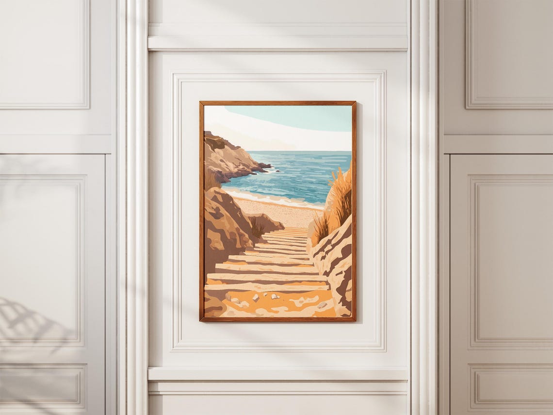 Sunlit Stone Staircase Through Tan Cliffs to the Beach Poster - Image 2