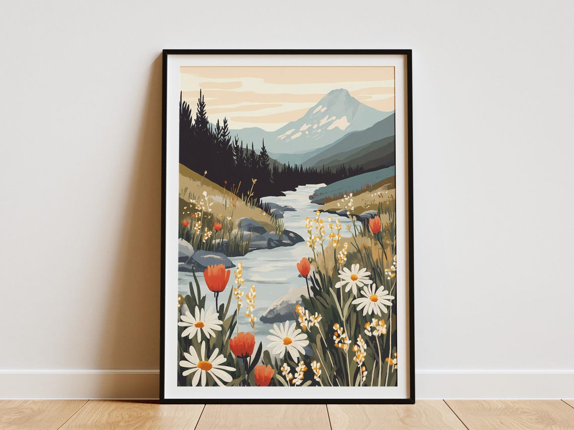 Mountain Stream With Daisies and Tulips Poster With Alpine View