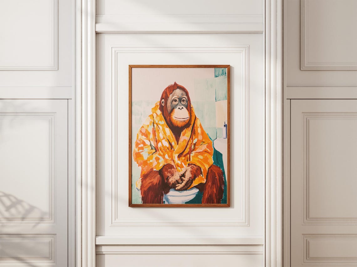 Orangutan in Orange Bathrobe Sitting on Toilet Funny Animal Poster - Image 2