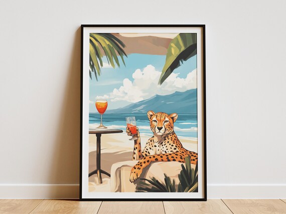 Elegant Cheetah Relaxing on a Beach Daybed With Wine Glass Poster
